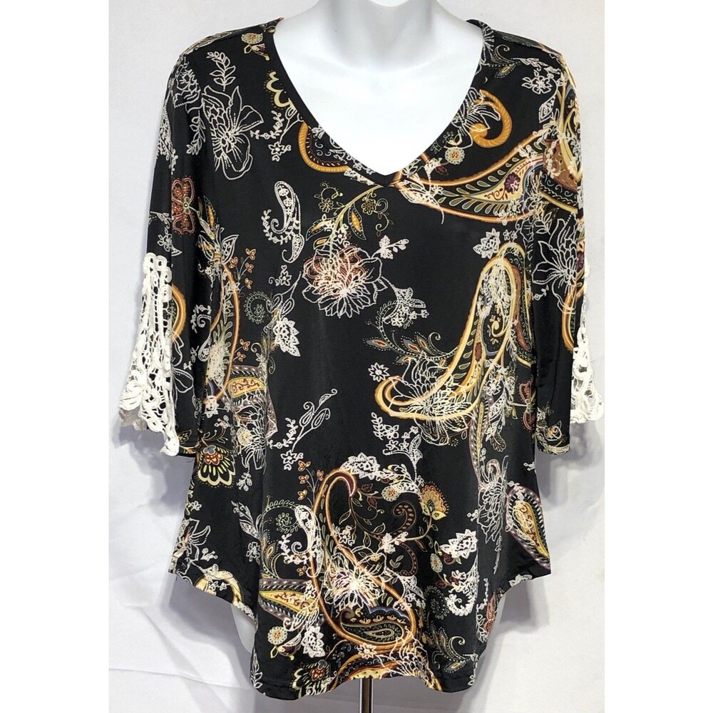Stem Vine 1/2 Sleeve Silky top S blk Gold Paisley Lace Trim V-neck